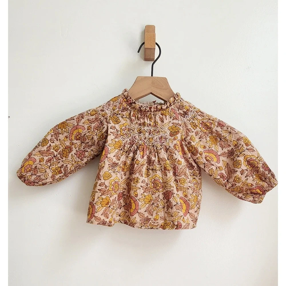 Louis Louise Paris Blouse Baby 12M Tan Floral Smocked Boho Top Cottagecore